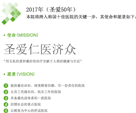 2017年（圣爱50年）本院将跨入韩国十佳医院的关键一步，其使命和愿景如下：