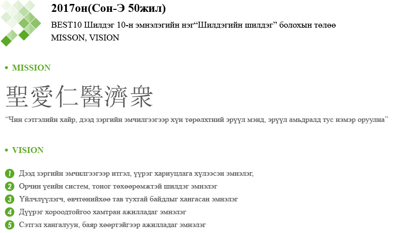 2017он(Сон-Э 50жил) BEST10 Шилдэг 10-н эмнэлэгийн нэг“Шилдэгийн шилдэг” болохын төлөө MISSON, VISION